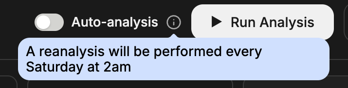 A close-up of the Auto-analysis toggle and its schedule hint, in the System detail page header (admins only).