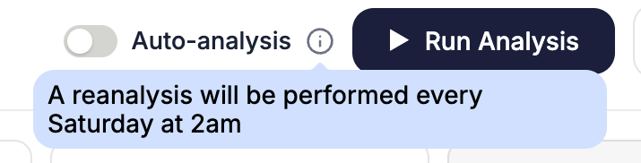A close-up of the Auto-analysis toggle and its schedule hint, in the System detail page header (admins only).