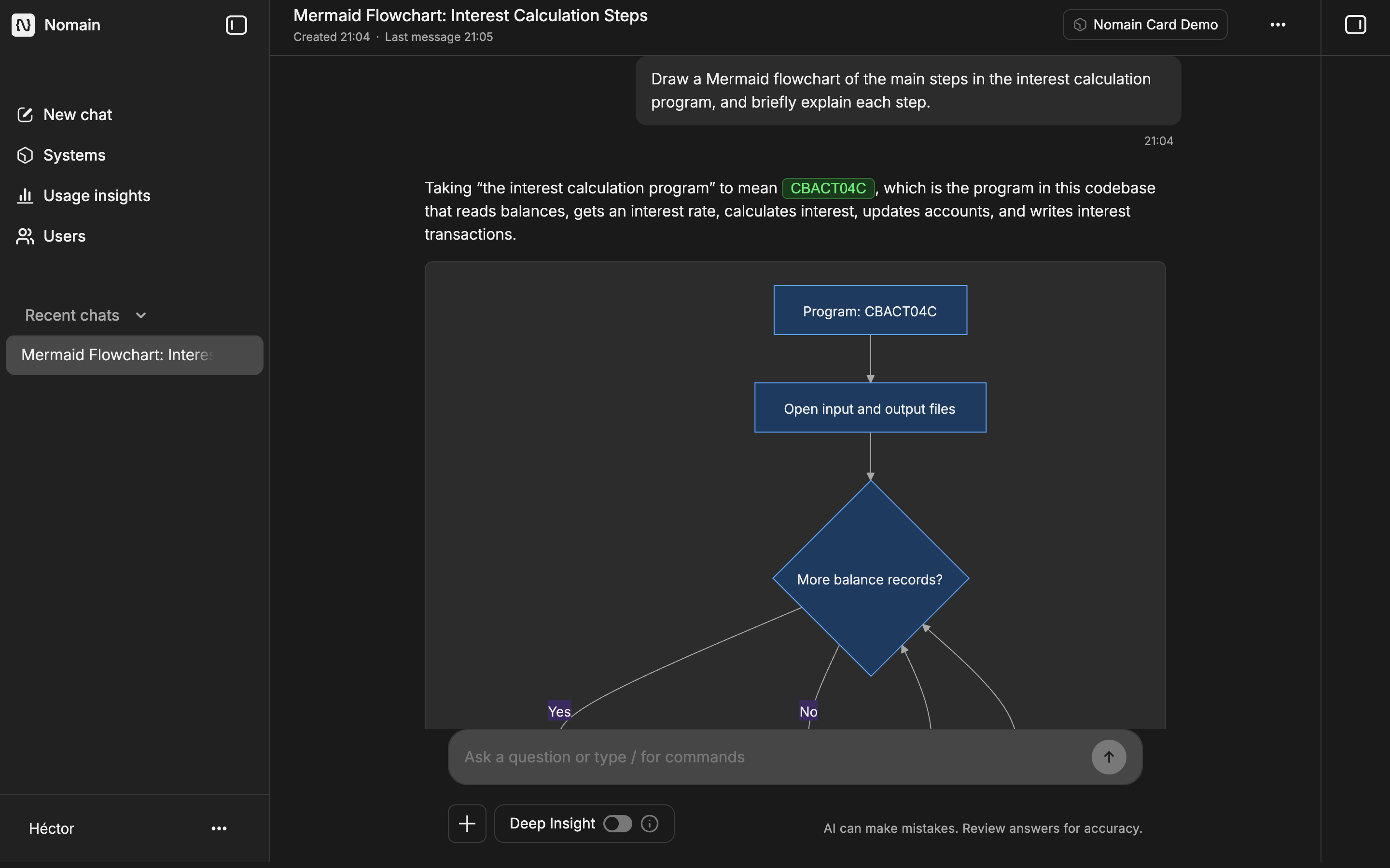 A chat answer that includes a rendered Mermaid diagram, with inline references back to the System.