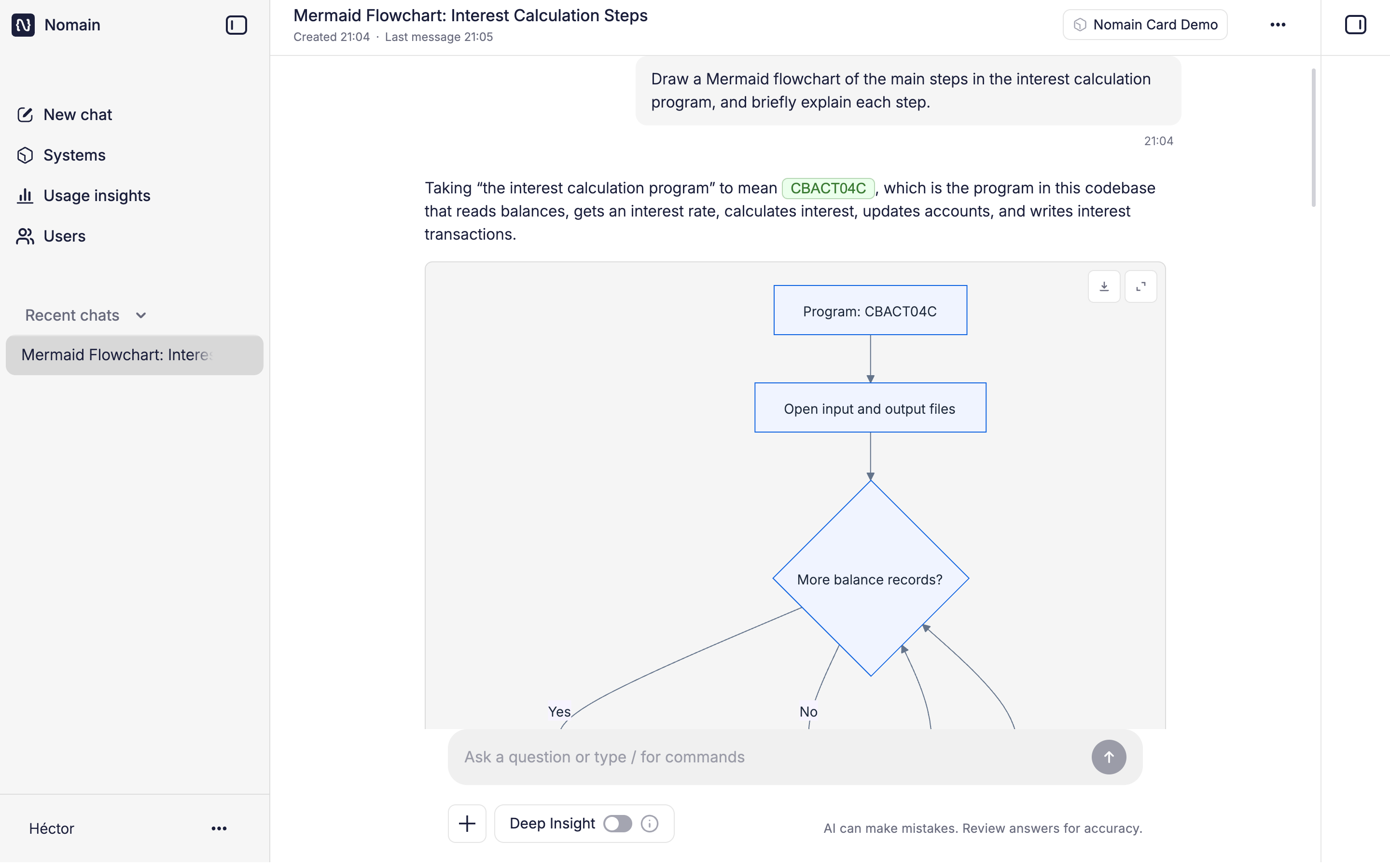 A chat answer that includes a rendered Mermaid diagram, with inline references back to the System.