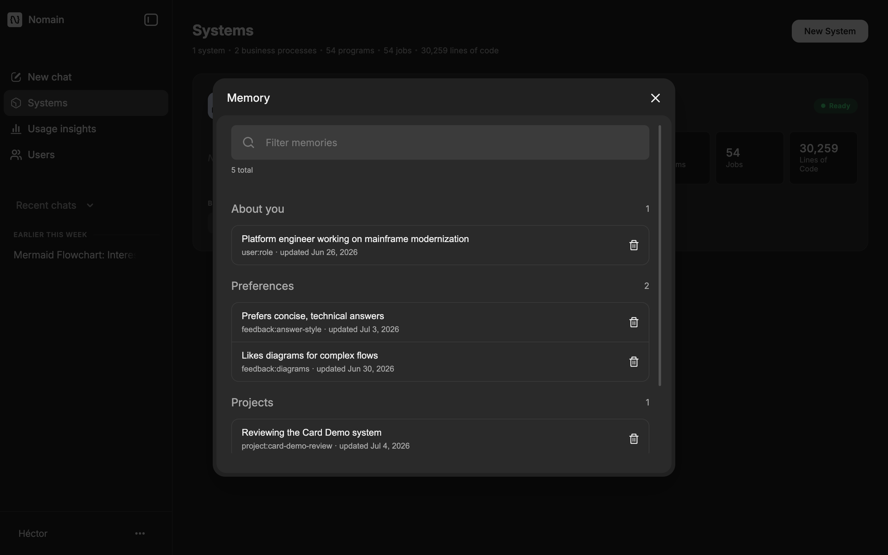 The Memory screen, with memories grouped into About you, Preferences, Projects and References.