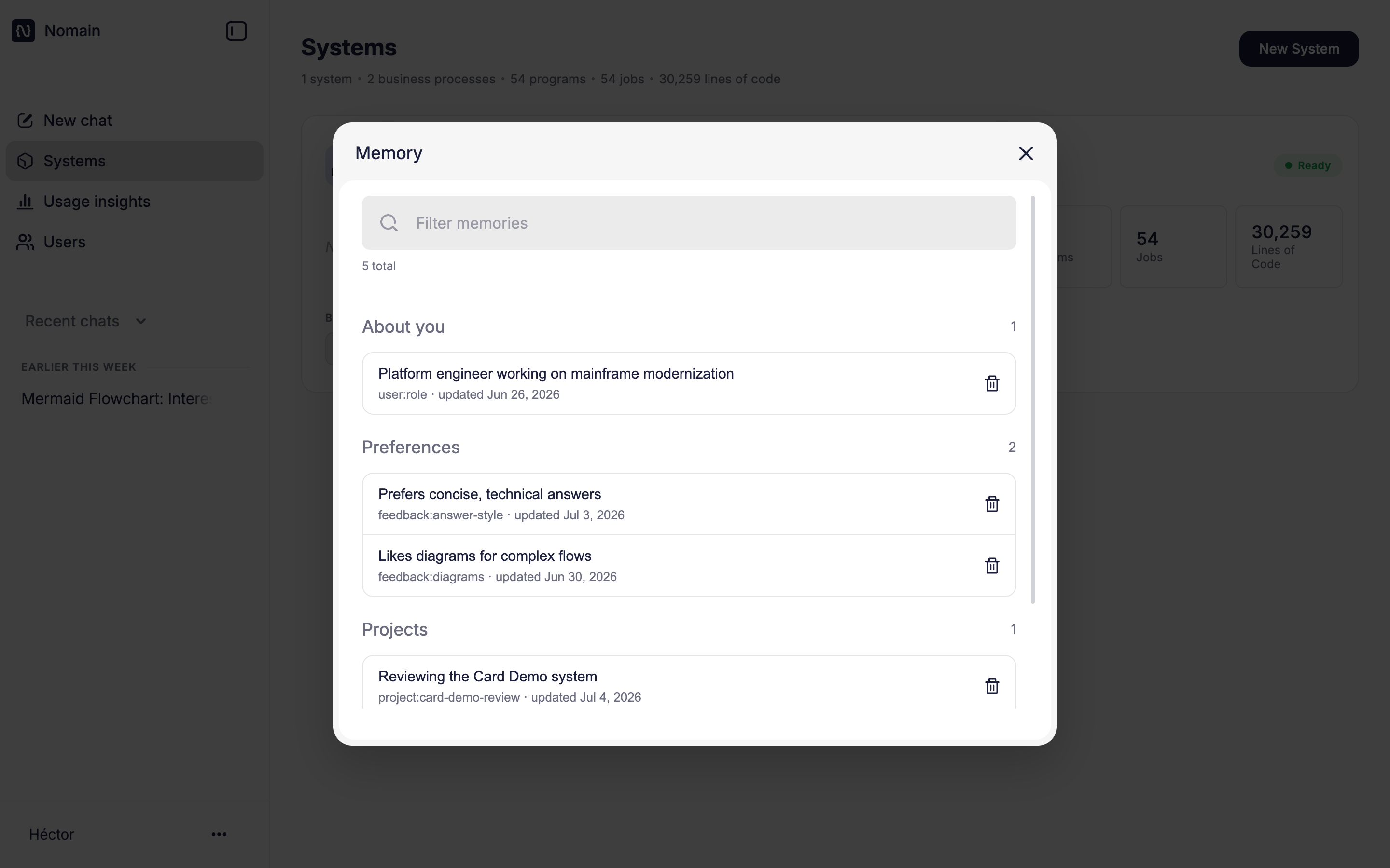 The Memory screen, with memories grouped into About you, Preferences, Projects and References.