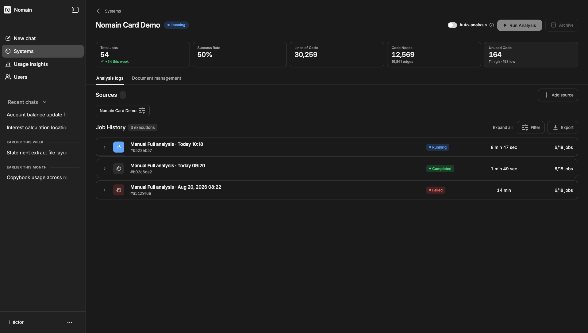 A System detail page: the statistics strip, the Sources list, and the Job History table.