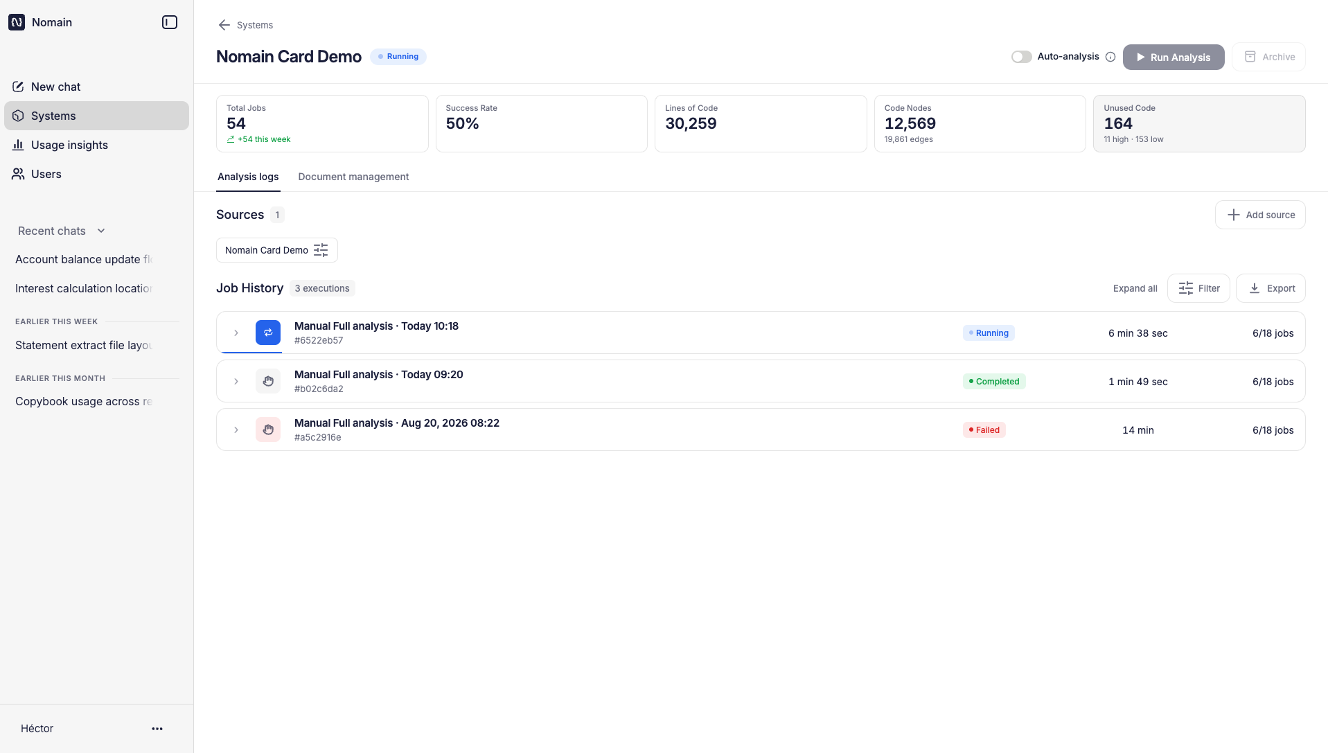 A System detail page: the statistics strip, the Sources list, and the Job History table.