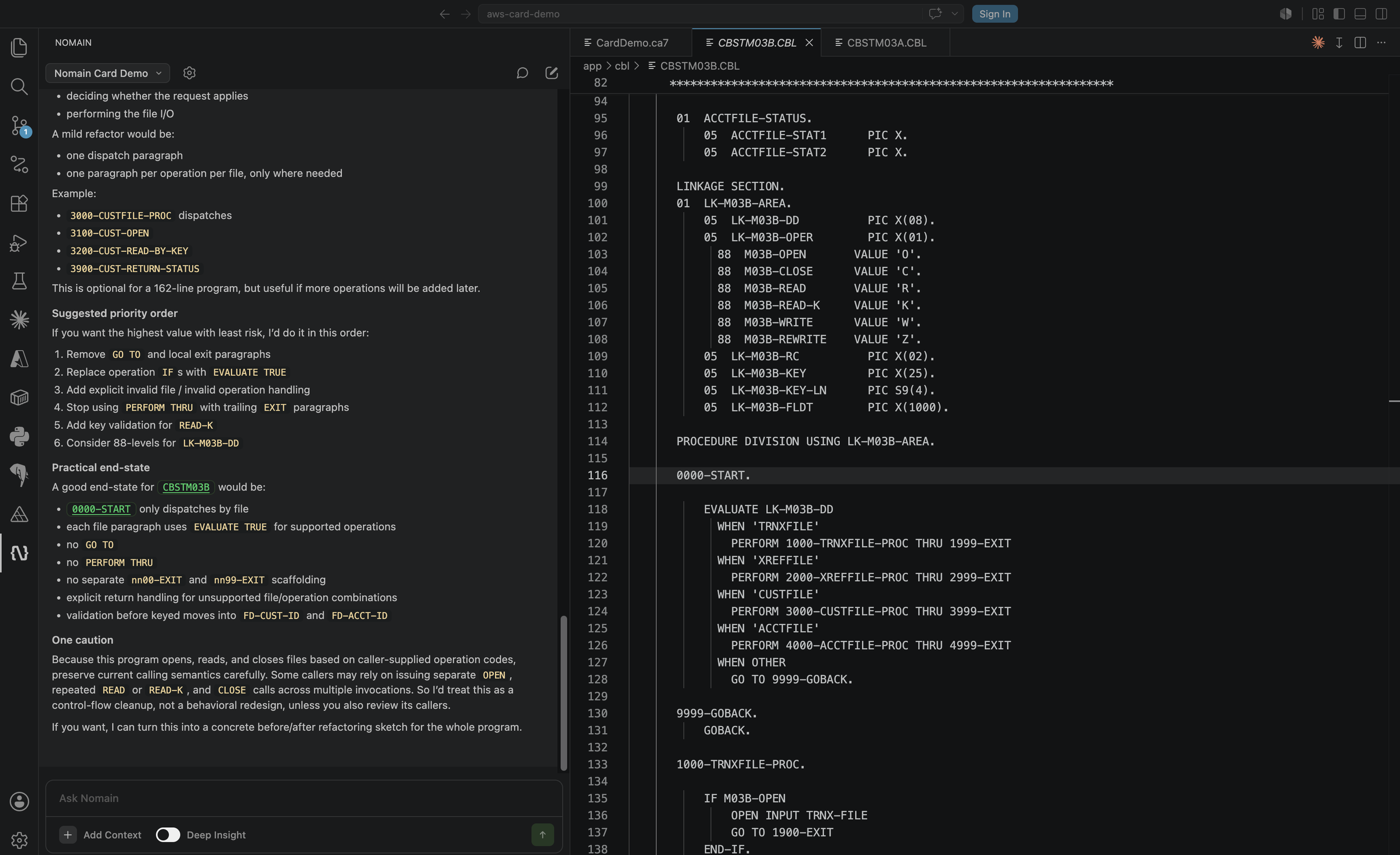 The Nomain panel in VS Code answering a question about a COBOL program, with green code references, next to the source file open in the editor.