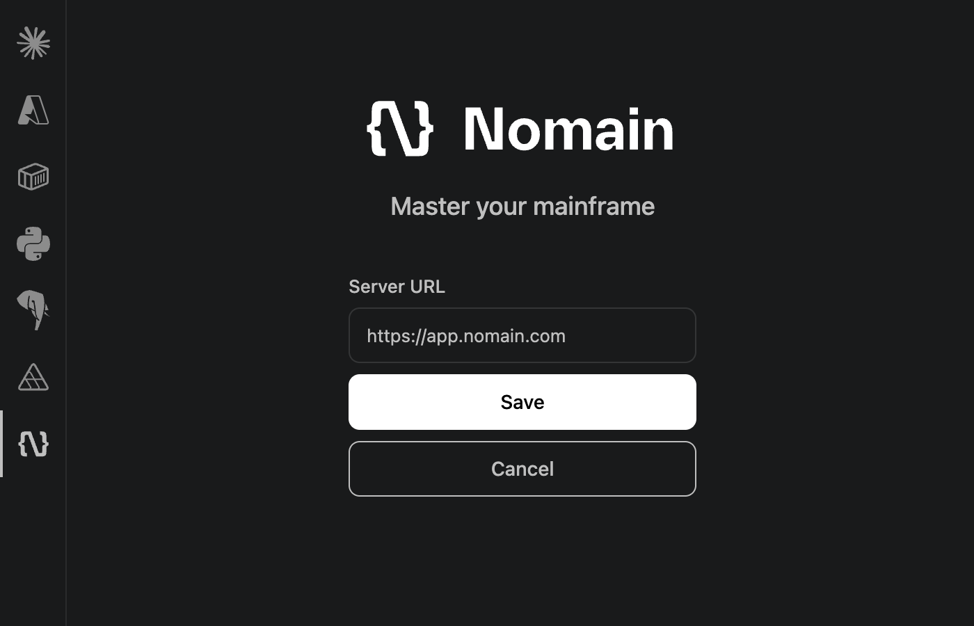 The inline Server URL editor, opened from Configure Nomain, with Save and Cancel.