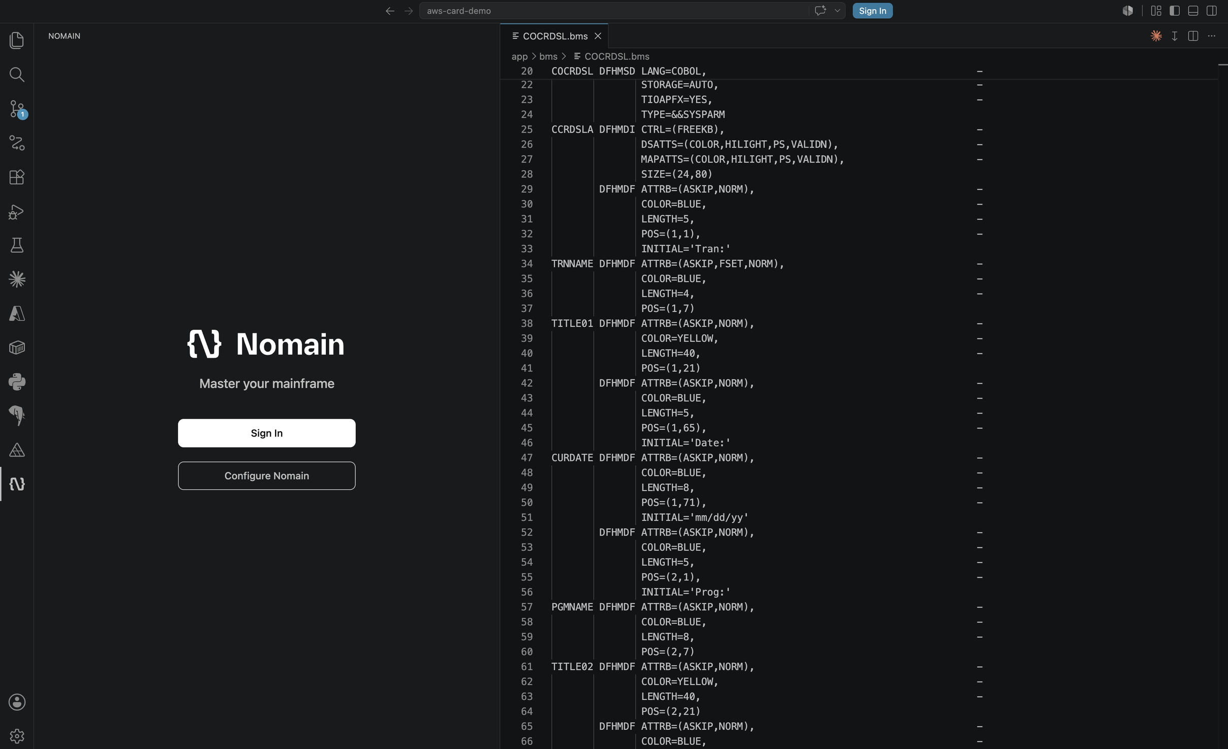 The Nomain sign-in panel in VS Code, with the Sign In and Configure Nomain buttons.